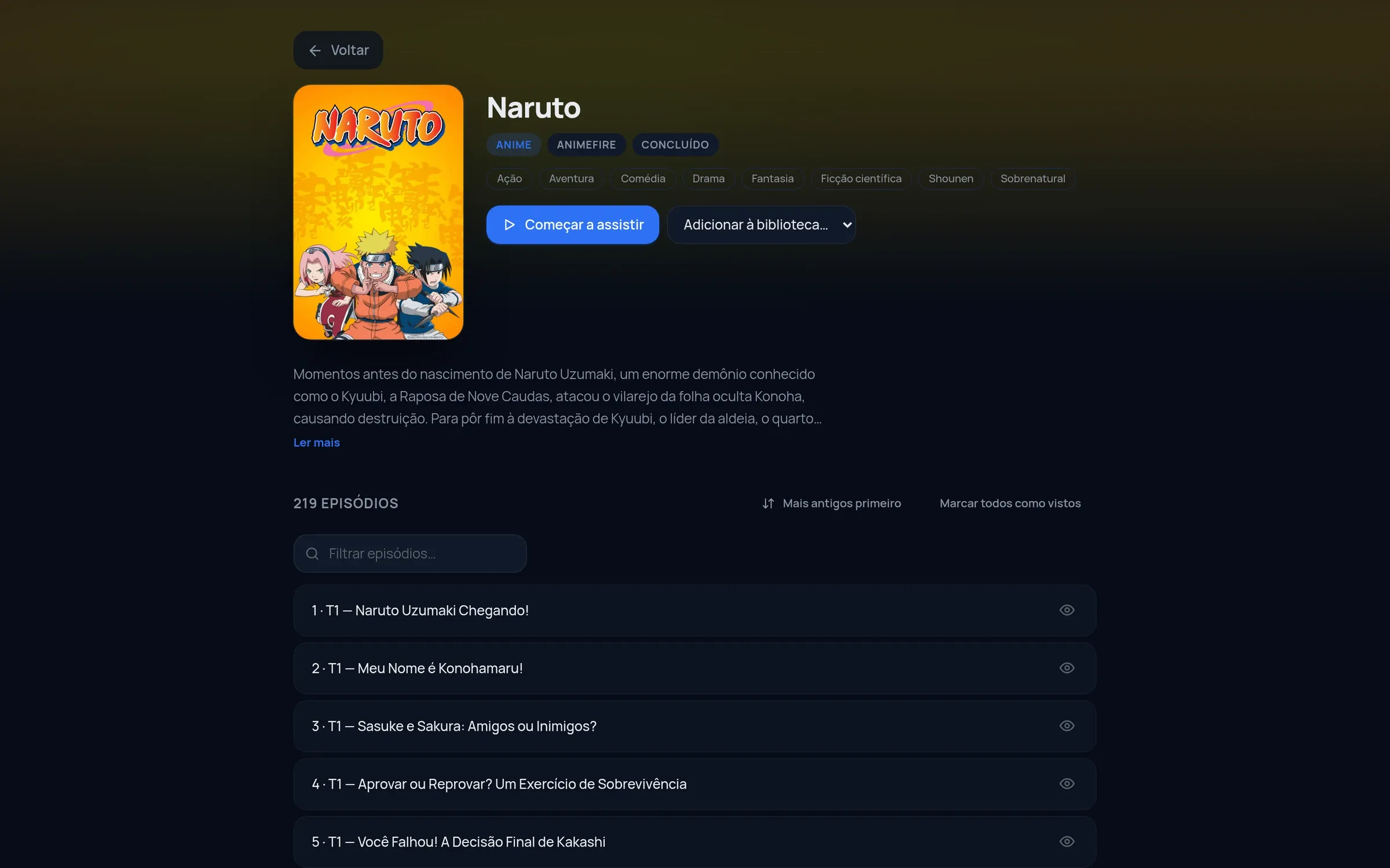 Página de anime com a lista de episódios
