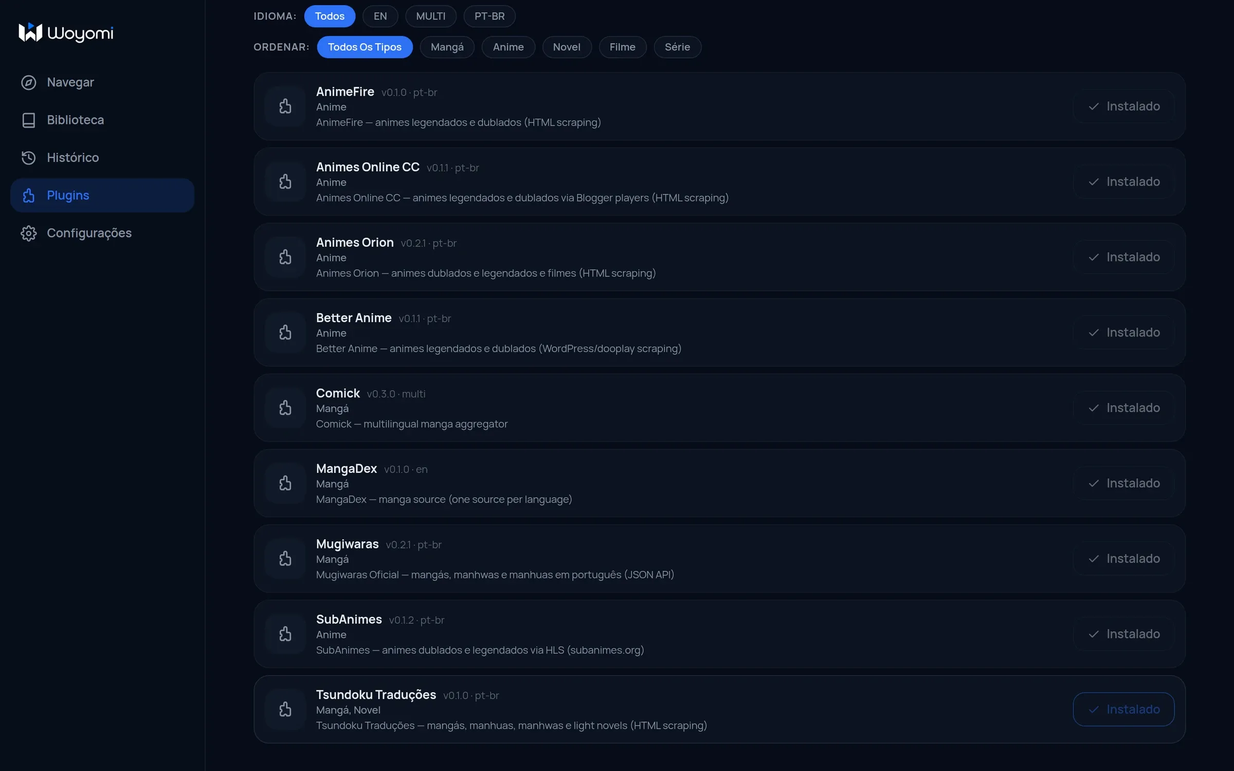 Fontes instaladas na tela de plugins